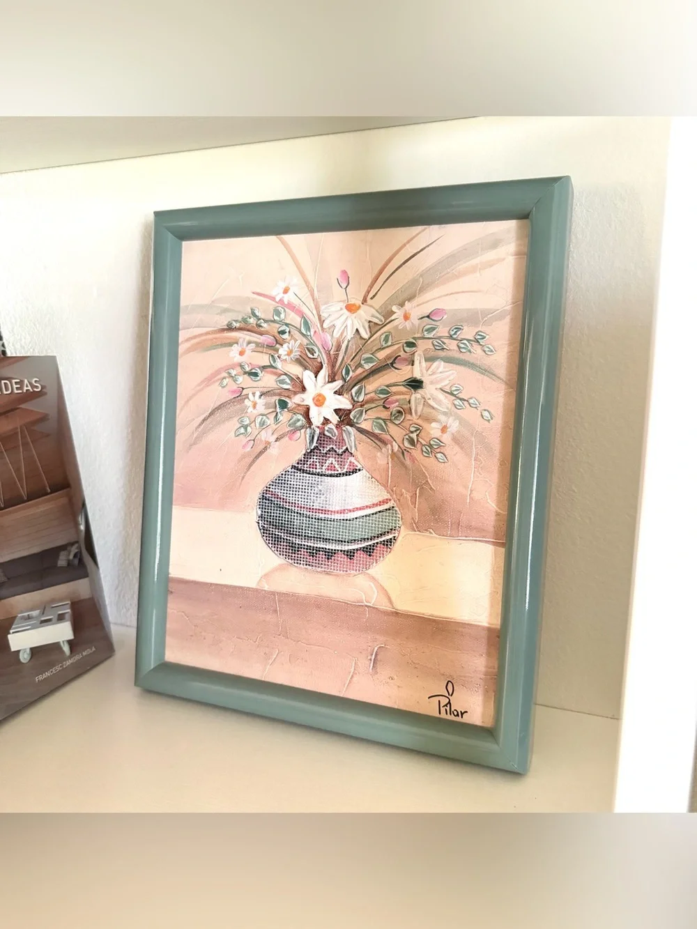 Textured Mixed Media Floral Pot Painting Vintage 90’s Southwestern Original Art